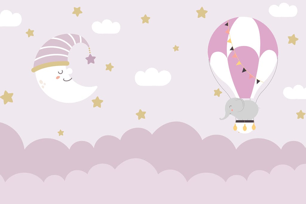 Cartone animato elefante e luna in un palloncino Cartone animato elefante e luna in un palloncino