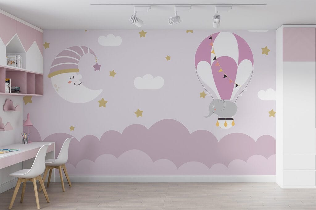 Cartoon elephant and moon in a balloon Cartoon elephant and moon in a balloon