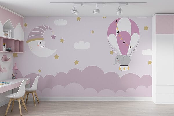 Cartone animato elefante e luna in un palloncino Cartone animato elefante e luna in un palloncino