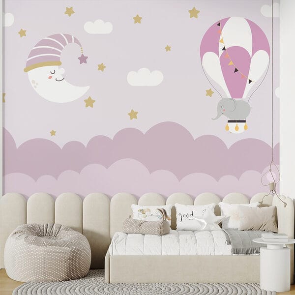 Cartone animato elefante e luna in un palloncino Cartone animato elefante e luna in un palloncino