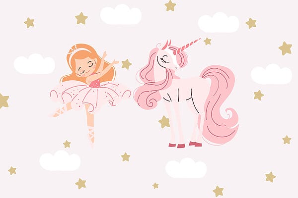 Cartone animato di una ballerina di danza classica e di un unicorno Cartone animato di una ballerina di danza classica e di un unicorno