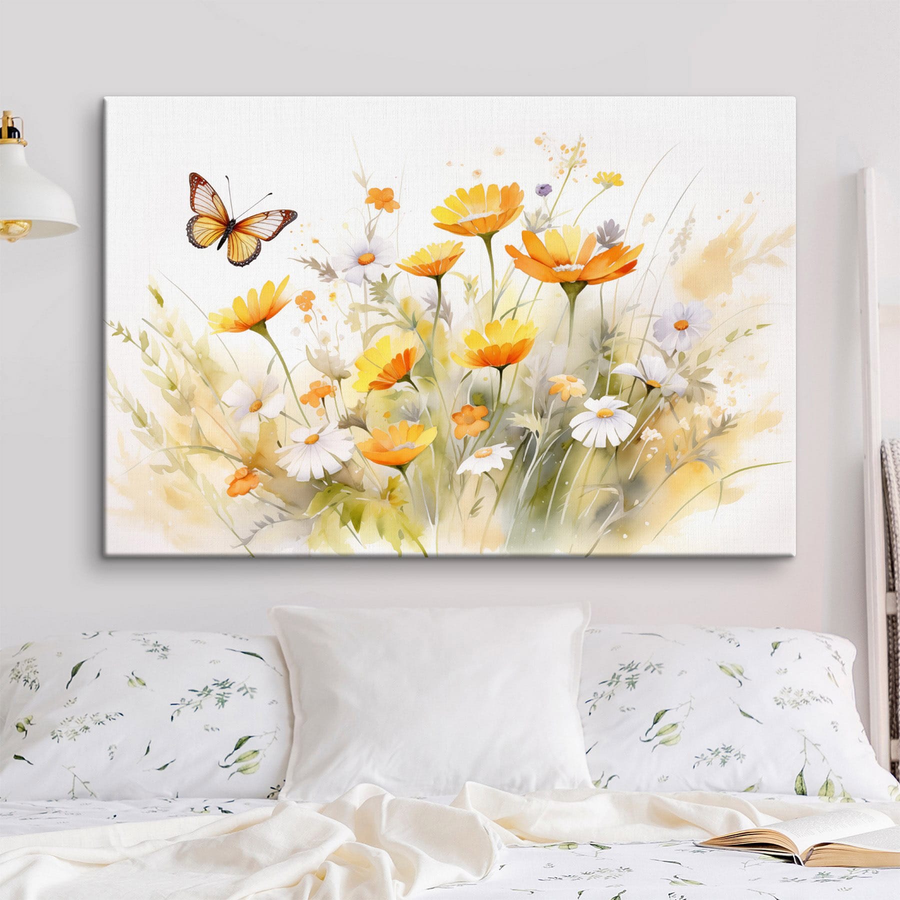 Butterfly flying over a yellow and white flowers Butterfly flying over a yellow and white flowers