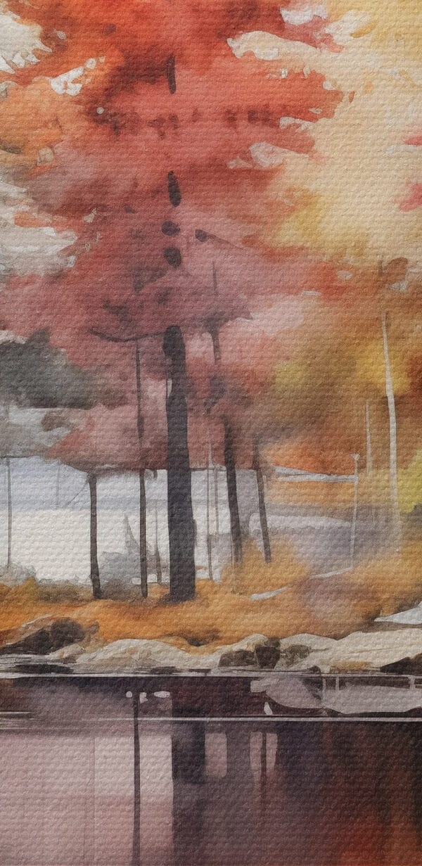 Watercolor painting of trees and rocks on a lake