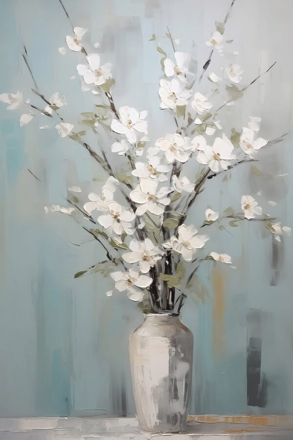 Painting of a vase with white flowers