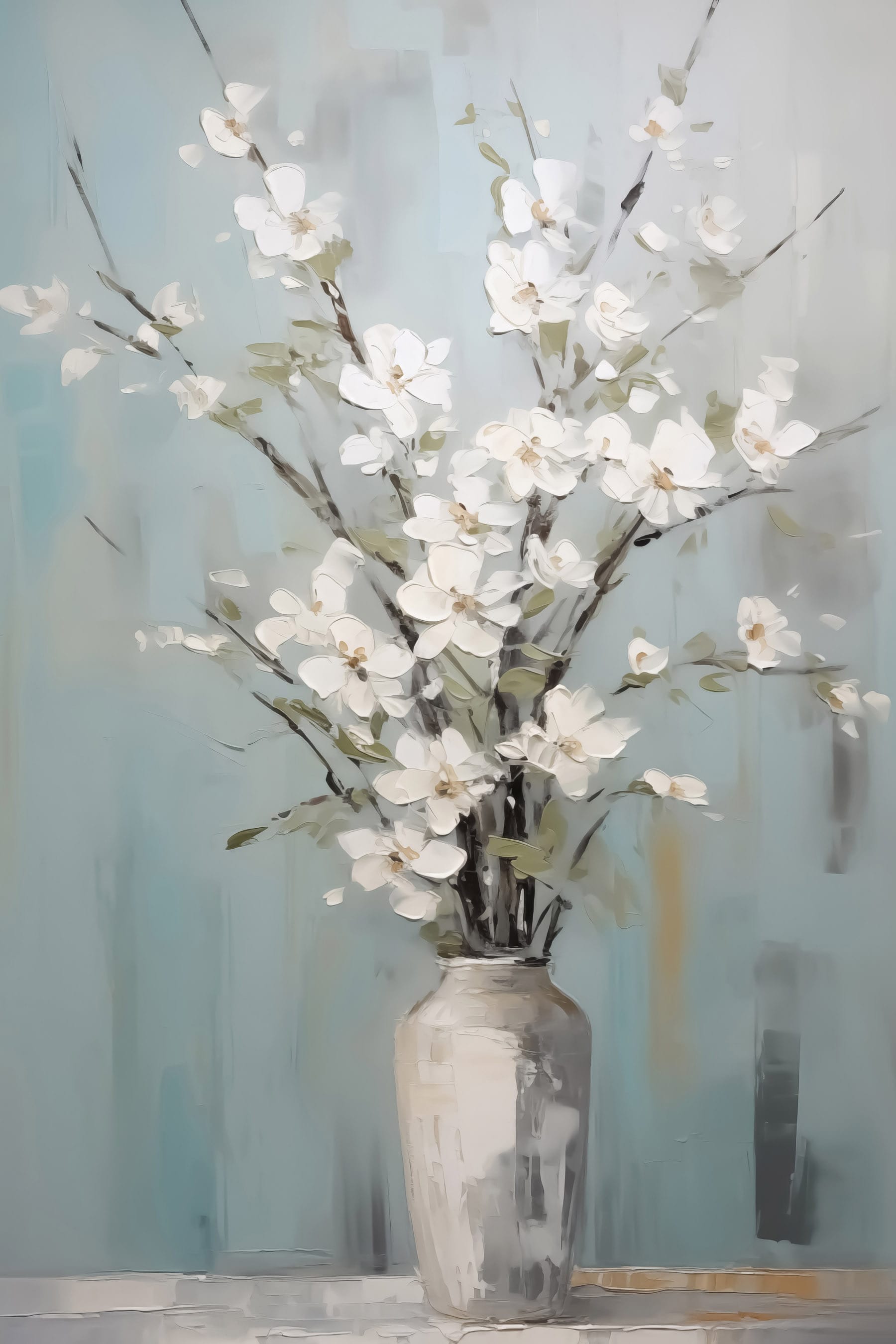 Painting of a vase with white flowers