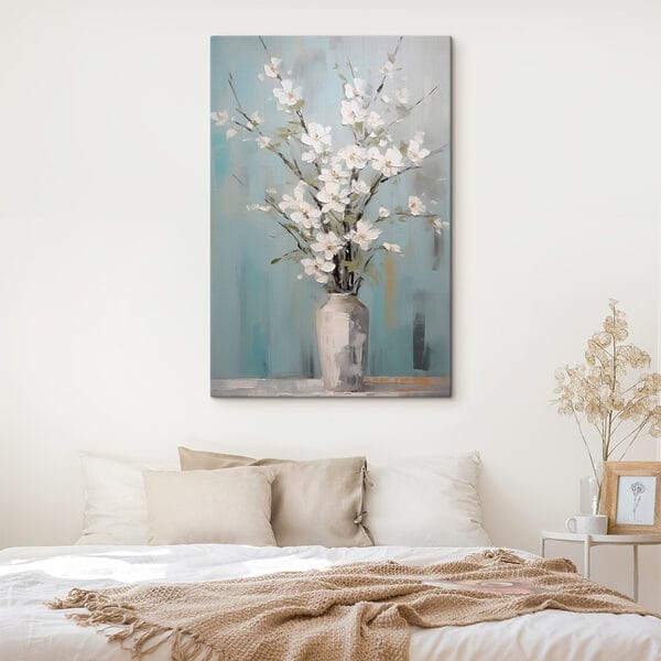 Painting of a vase with white flowers