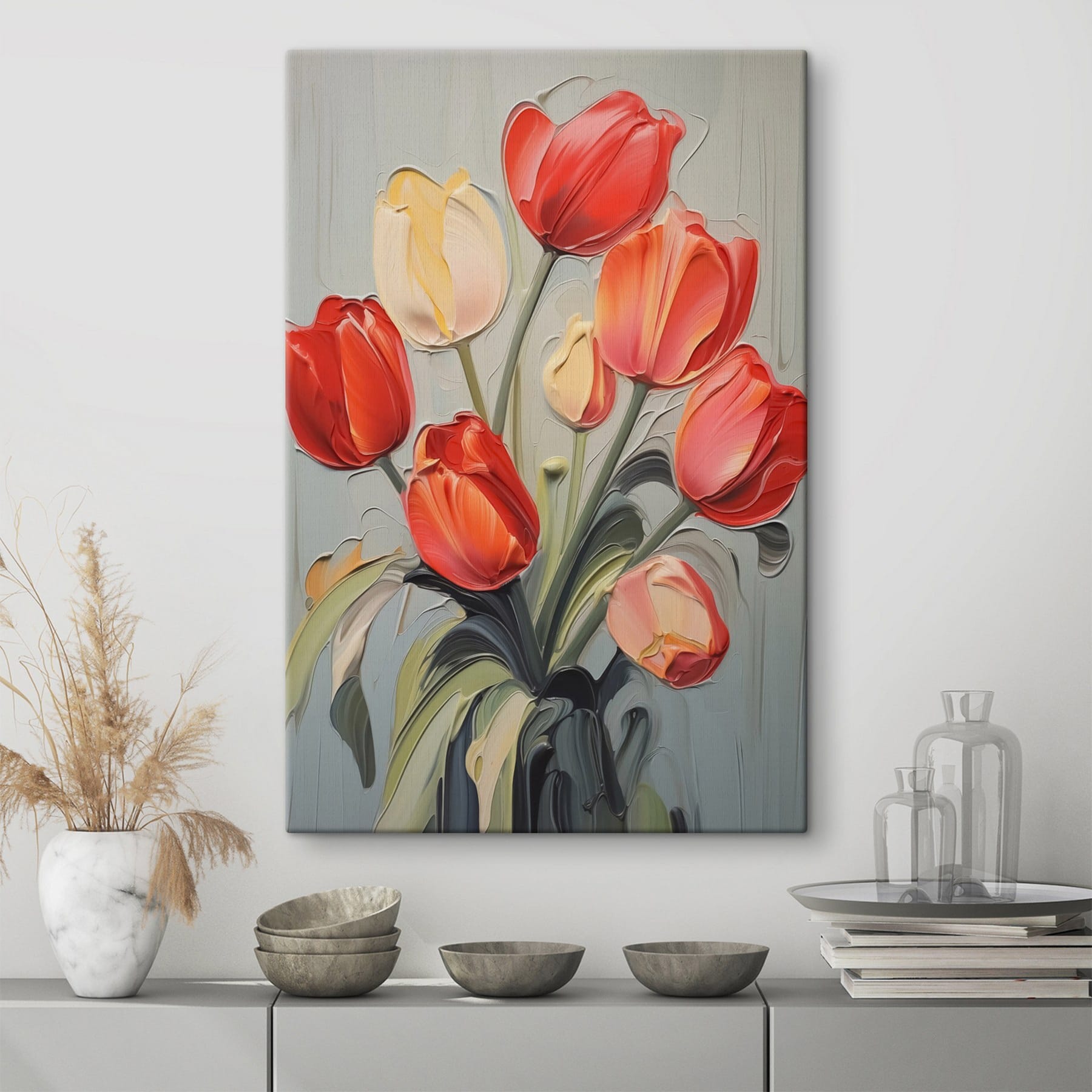 Painting of tulips on a grey background Painting of tulips on a grey background