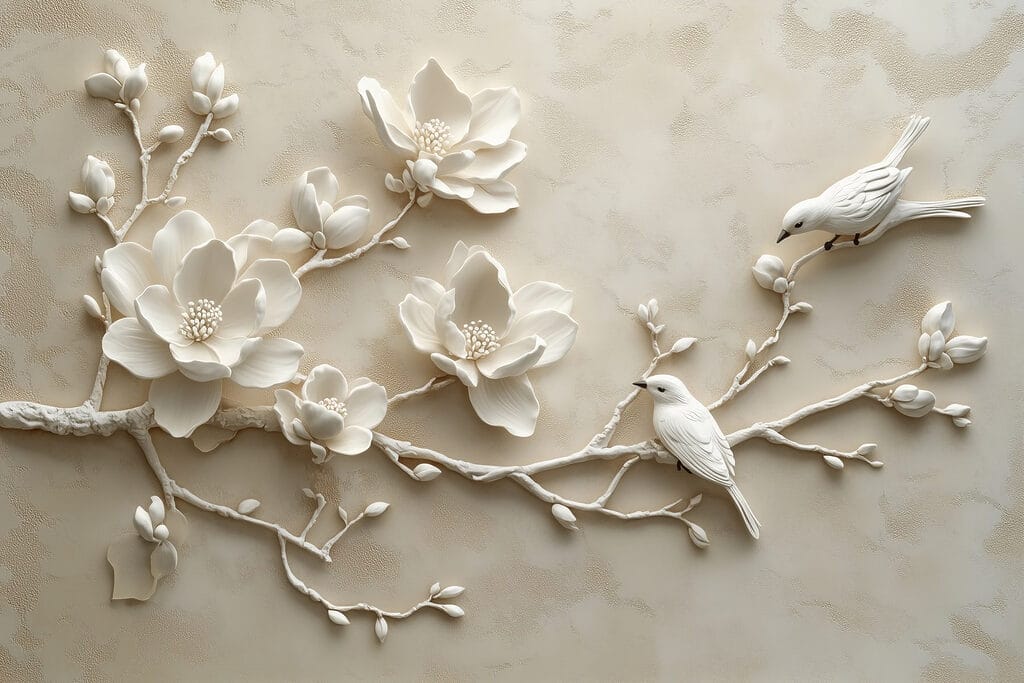 Uccello bianco su un ramo con fiori Uccello bianco su un ramo con fiori