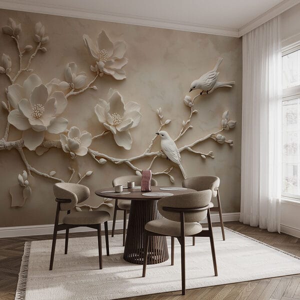 Uccello bianco su un ramo con fiori Uccello bianco su un ramo con fiori