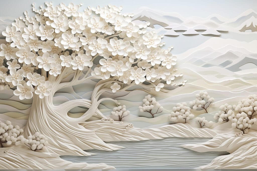 Albero bianco con fiori bianchi e fiume Albero bianco con fiori bianchi e fiume