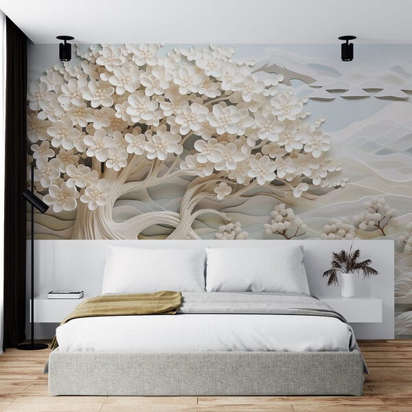 Albero bianco con fiori bianchi e fiume Albero bianco con fiori bianchi e fiume