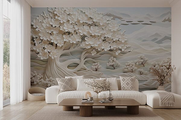 Albero bianco con fiori bianchi e fiume Albero bianco con fiori bianchi e fiume