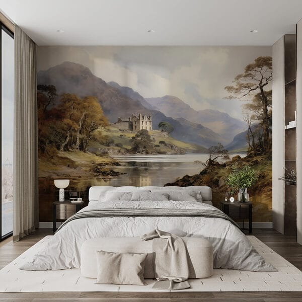 Pittura ad acquerello di un castello su una collina con alberi e montagne Pittura ad acquerello di un castello su una collina con alberi e montagne