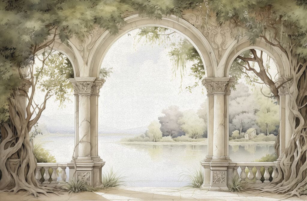 Acquerello di un arco in pietra con alberi e lago Acquerello di un arco in pietra con alberi e lago