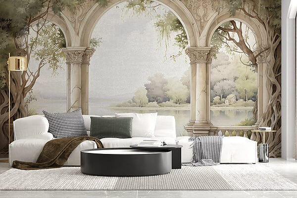 Acquerello di un arco in pietra con alberi e lago Acquerello di un arco in pietra con alberi e lago