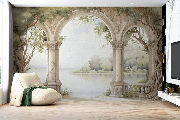 Acquerello di un arco in pietra con alberi e lago Acquerello di un arco in pietra con alberi e lago