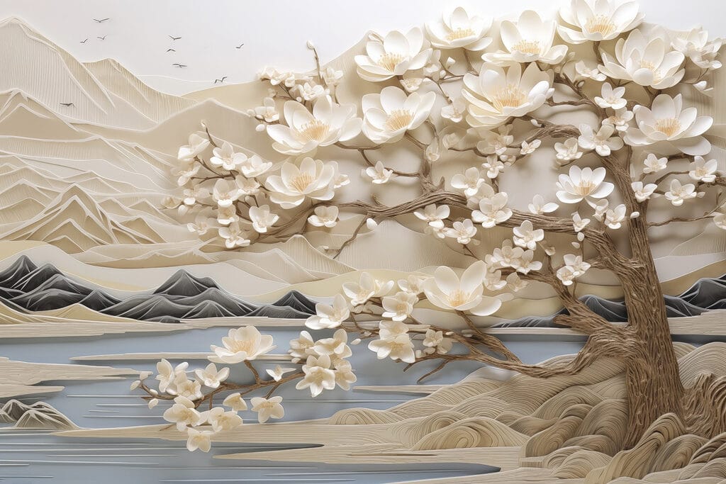 Albero con fiori bianchi e montagne Albero con fiori bianchi e montagne