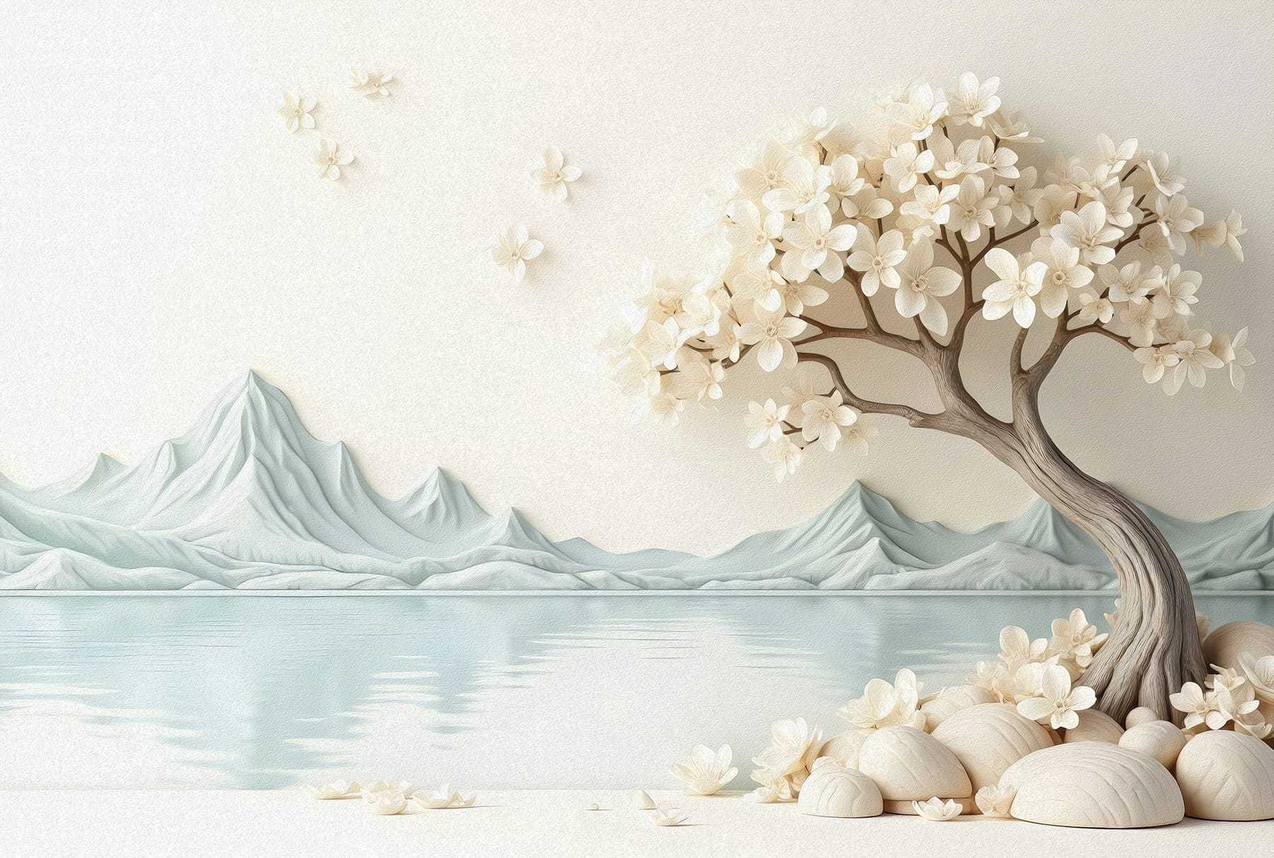 Tree with flowers and rocks next to water