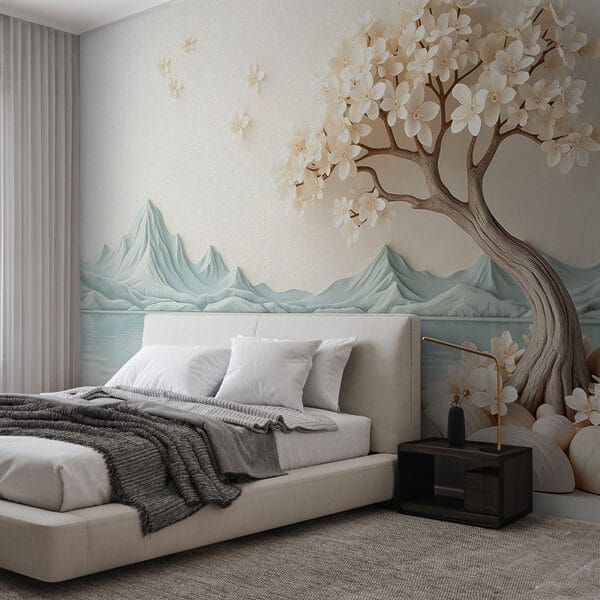 Albero con fiori e rocce vicino all'acqua Albero con fiori e rocce vicino all'acqua