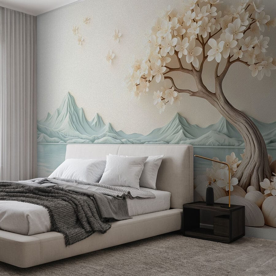 Albero con fiori e rocce vicino all'acqua