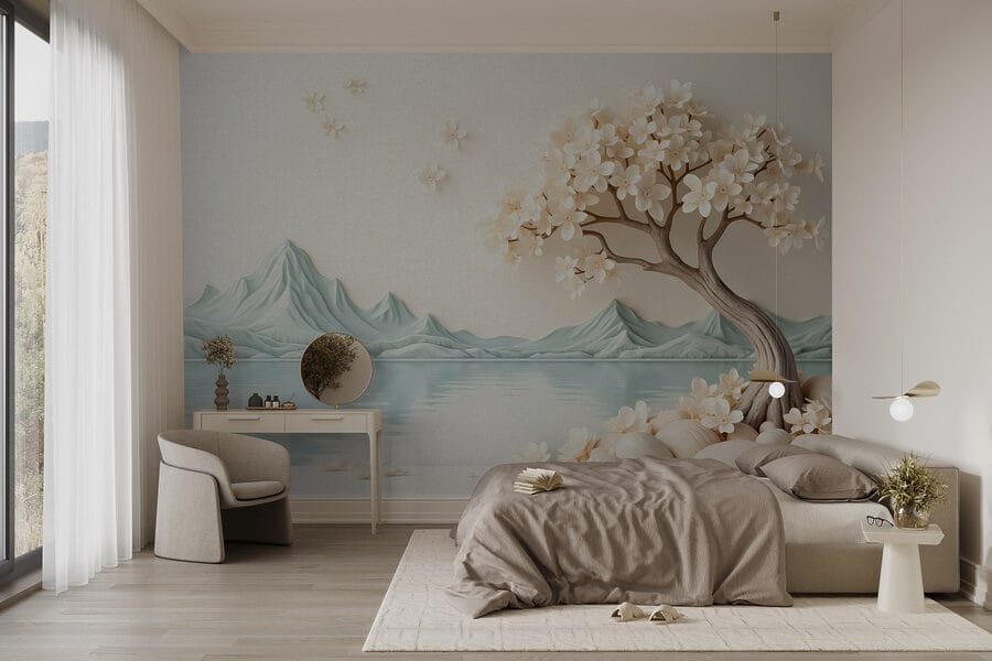 Albero con fiori e rocce vicino all'acqua