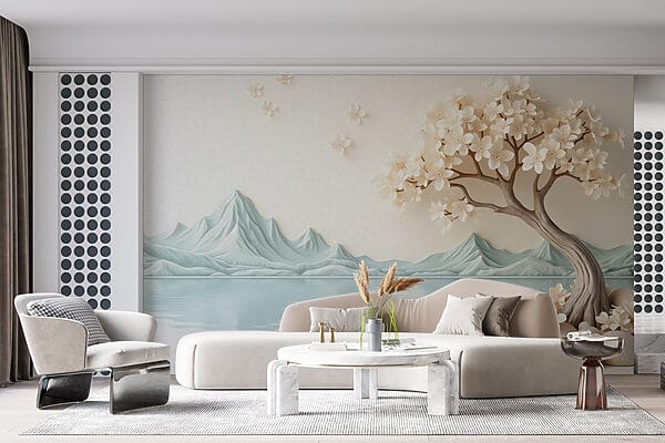 Albero con fiori e rocce vicino all'acqua Albero con fiori e rocce vicino all'acqua
