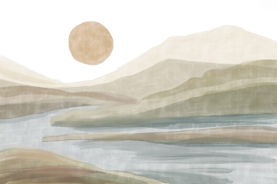 Pittura ad acquerello di un fiume e di montagne