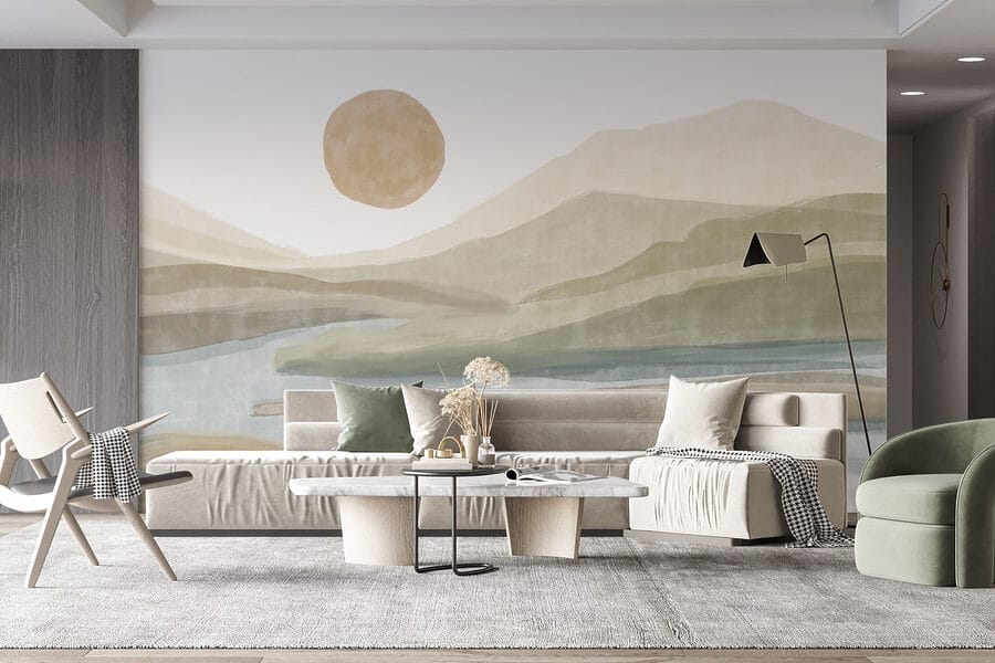 Pittura ad acquerello di un fiume e di montagne