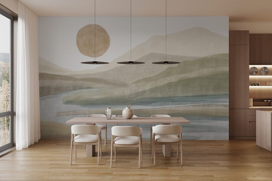 Pittura ad acquerello di un fiume e di montagne