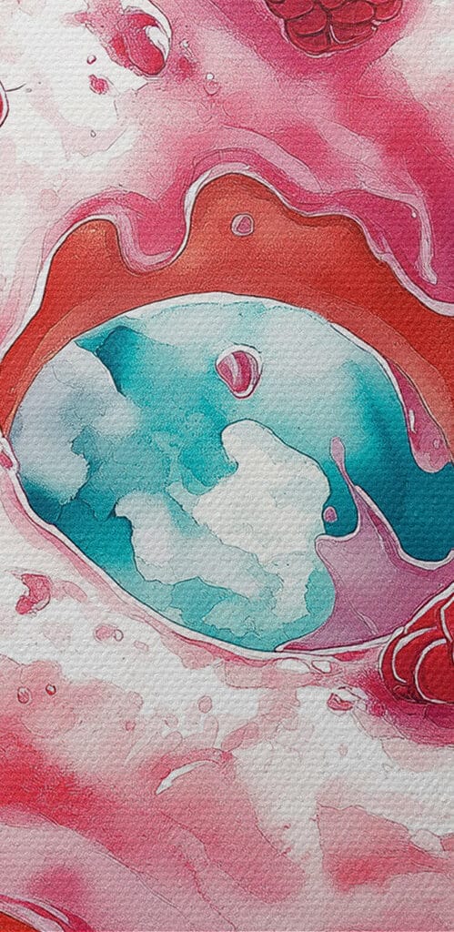 Painting of a donut with raspberries and milk splashing Painting of a donut with raspberries and milk splashing