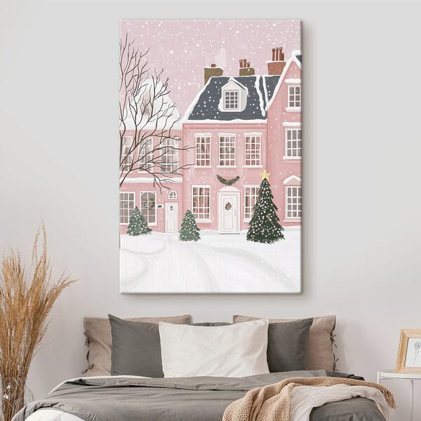 Quadri Casa rosa con alberi e neve (COD: s42791) Quadri Quadri Casa rosa con alberi e neve (COD: s42791)