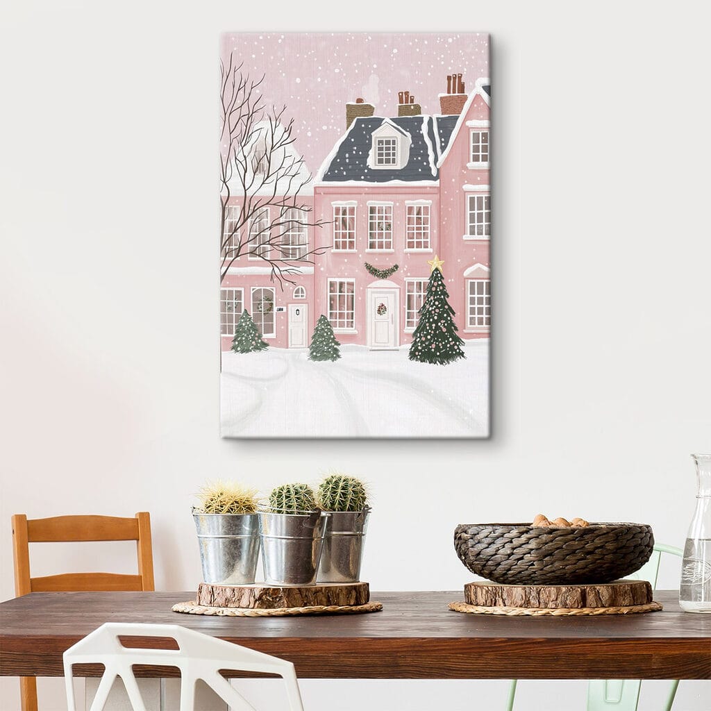 Pink house with trees and snow Pink house with trees and snow