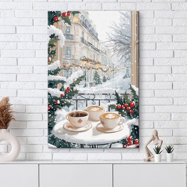 Quadri Un paio di tazze di caffè su un balcone con la neve e gli edifici (COD: s42794) Quadri Quadri Un paio di tazze di caffè su un balcone con la neve e gli edifici (COD: s42794)
