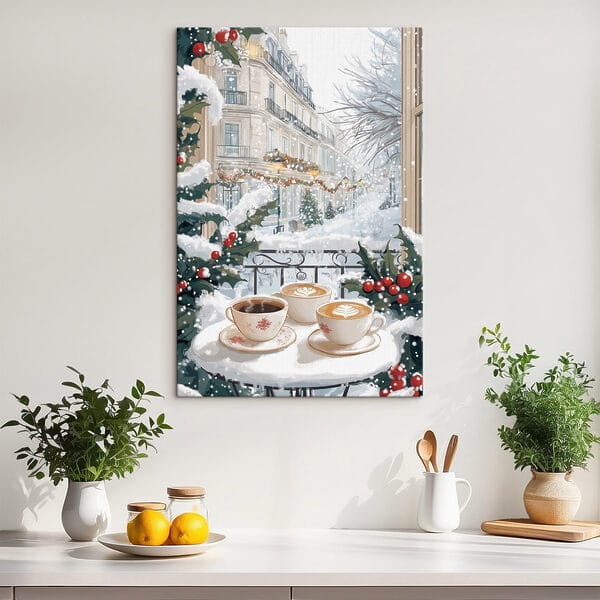 Couple of cups of coffee on a balcony with snow and buildings Couple of cups of coffee on a balcony with snow and buildings