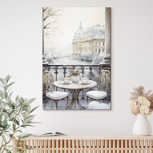 Quadri Quadri Tavolino con delle tazze e un vaso di fiori, con sullo sfondo un paesaggio innevato (COD: s42796)