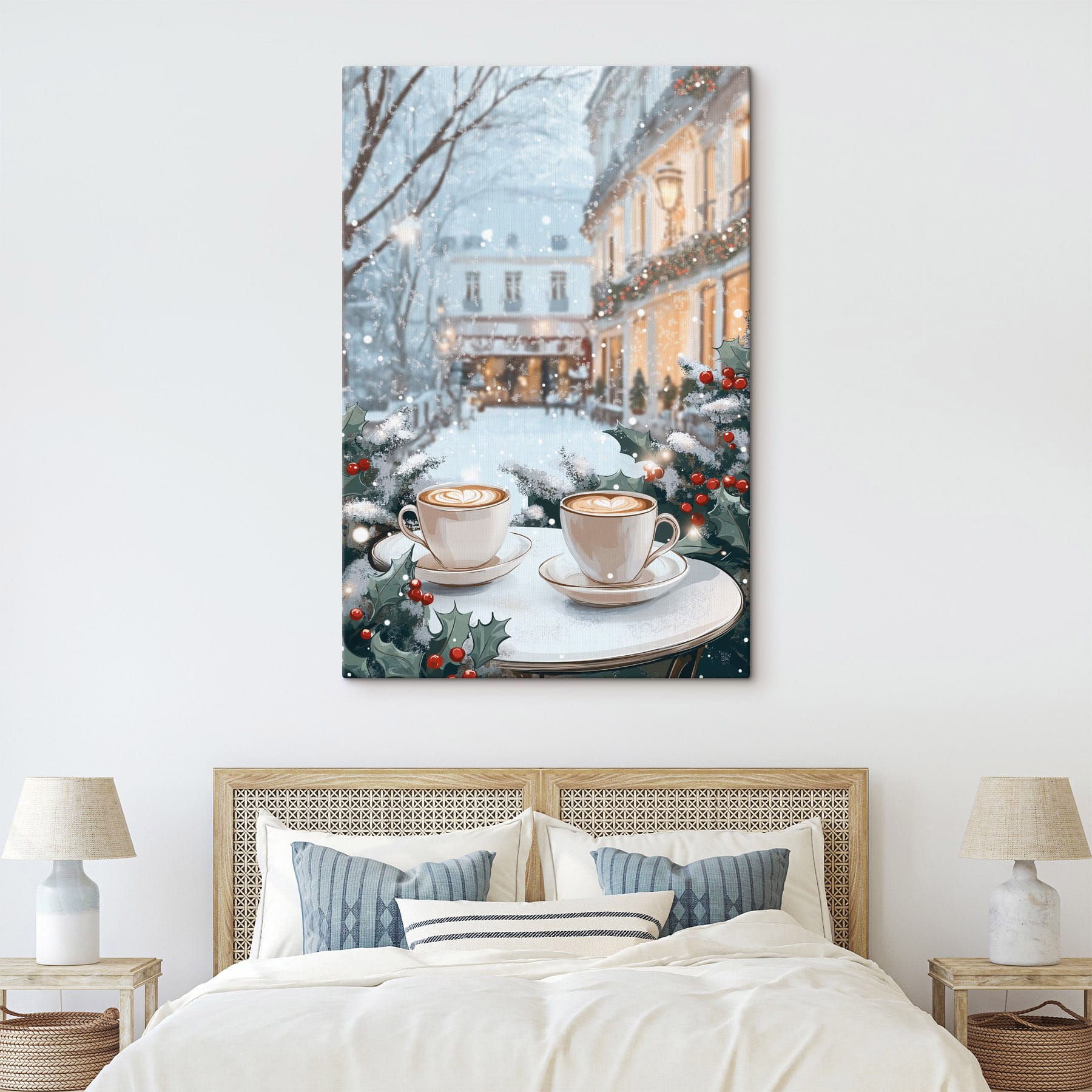 Two cups of coffee on a table in front of a snowy street