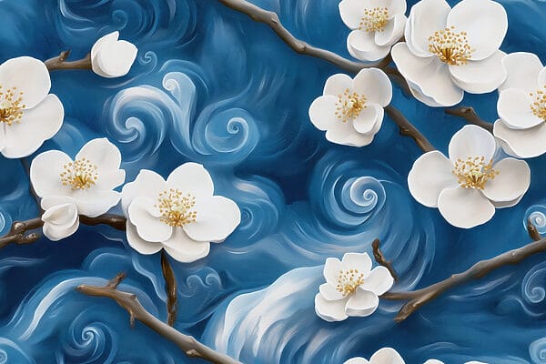 Delicate fioriture che danzano su onde blu Delicate fioriture che danzano su onde blu