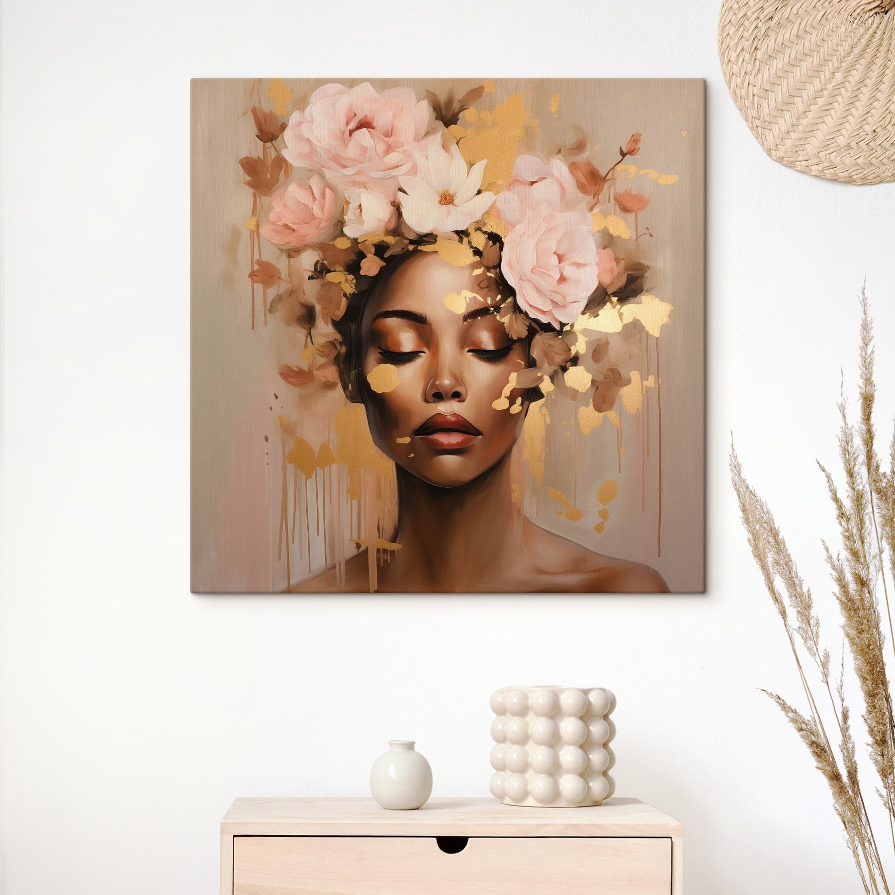 Painting of a woman with flowers on her head Painting of a woman with flowers on her head