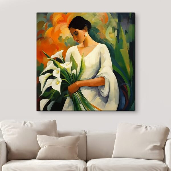 Painting of a woman holding flowers Painting of a woman holding flowers