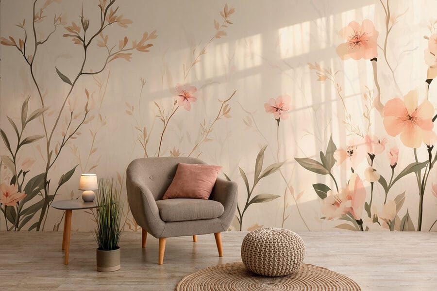 Carta da parati con fiori e foglie