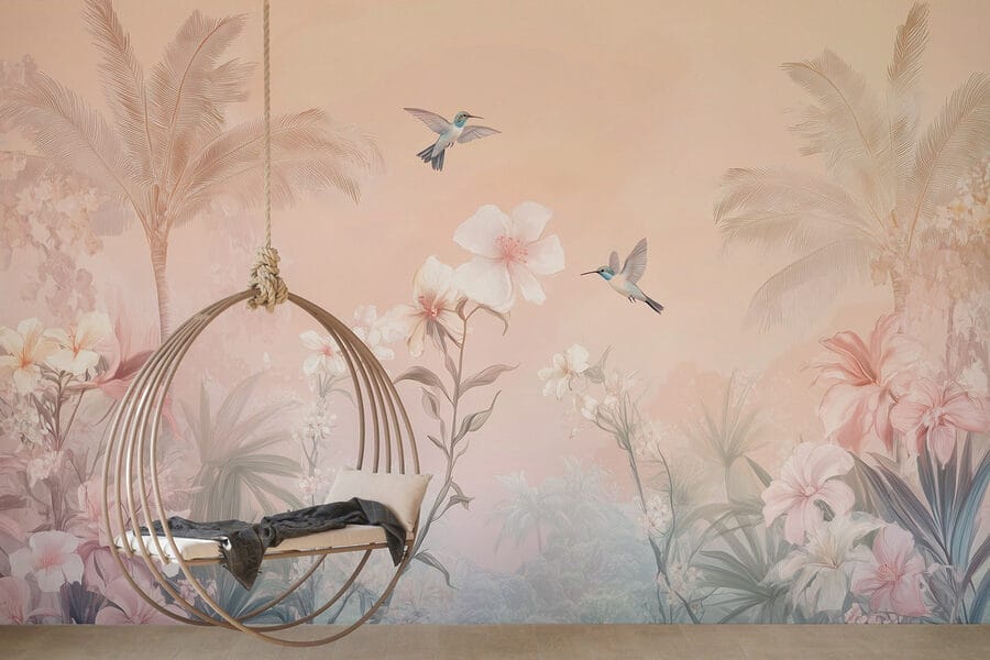 Gruppo di uccelli in volo sui fiori