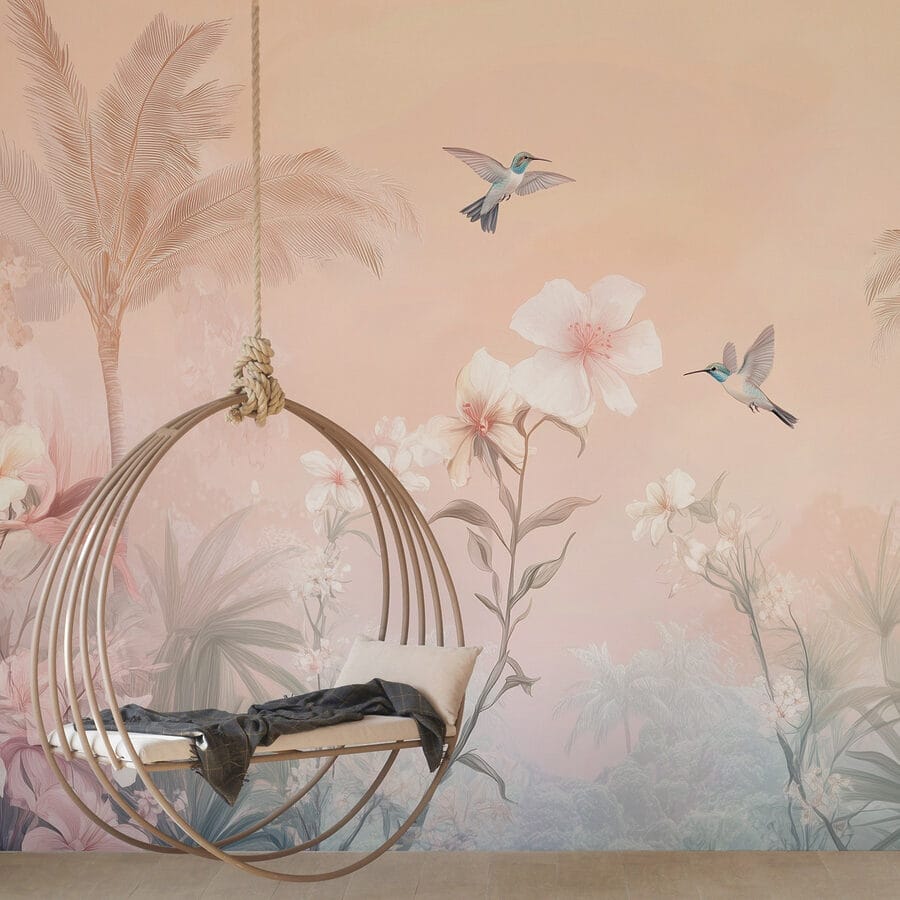 Gruppo di uccelli in volo sui fiori