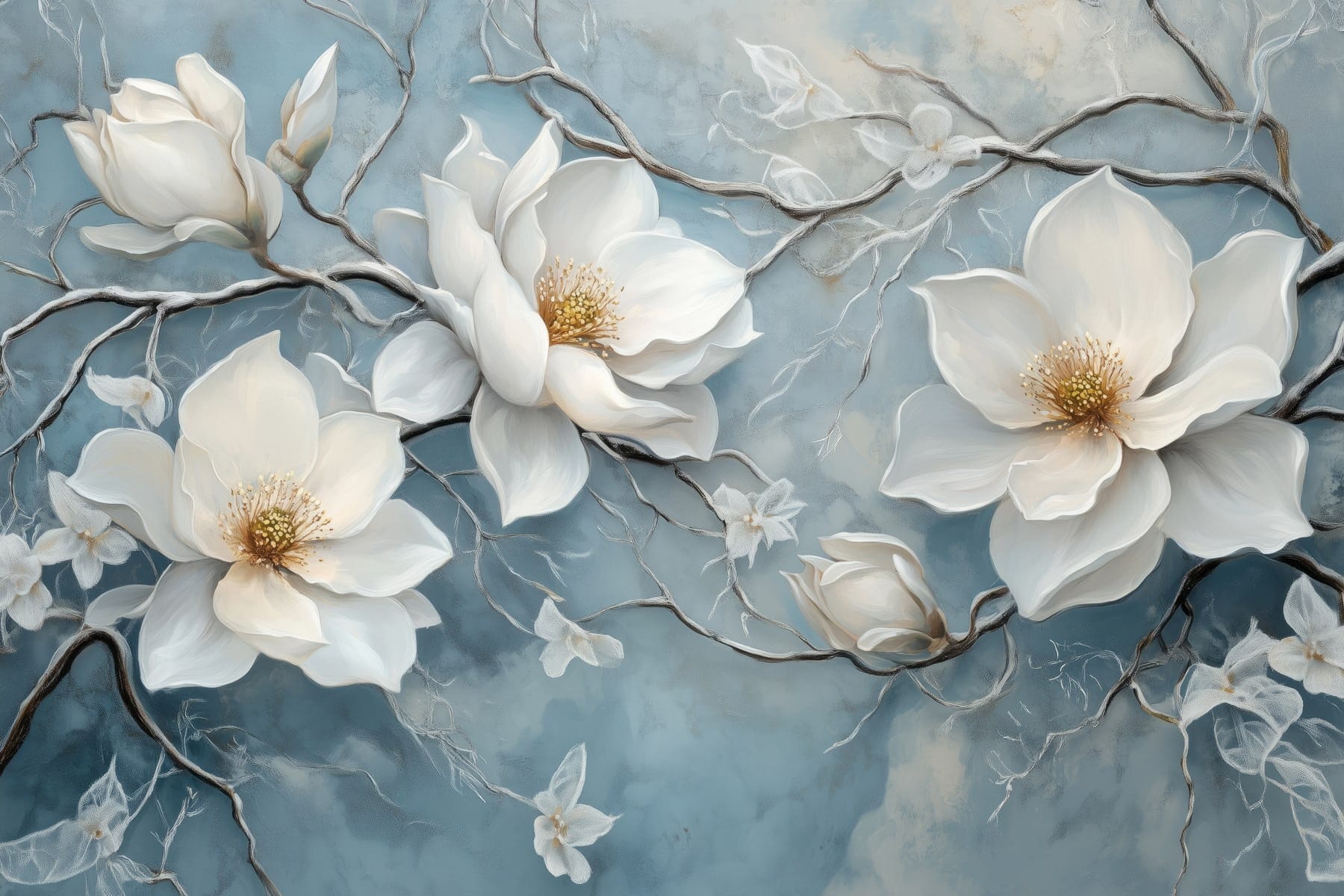 Painting of white flowers on a blue background Painting of white flowers on a blue background