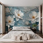 Pittura di fiori bianchi su sfondo blu Carta da parati Pittura di fiori bianchi su sfondo blu