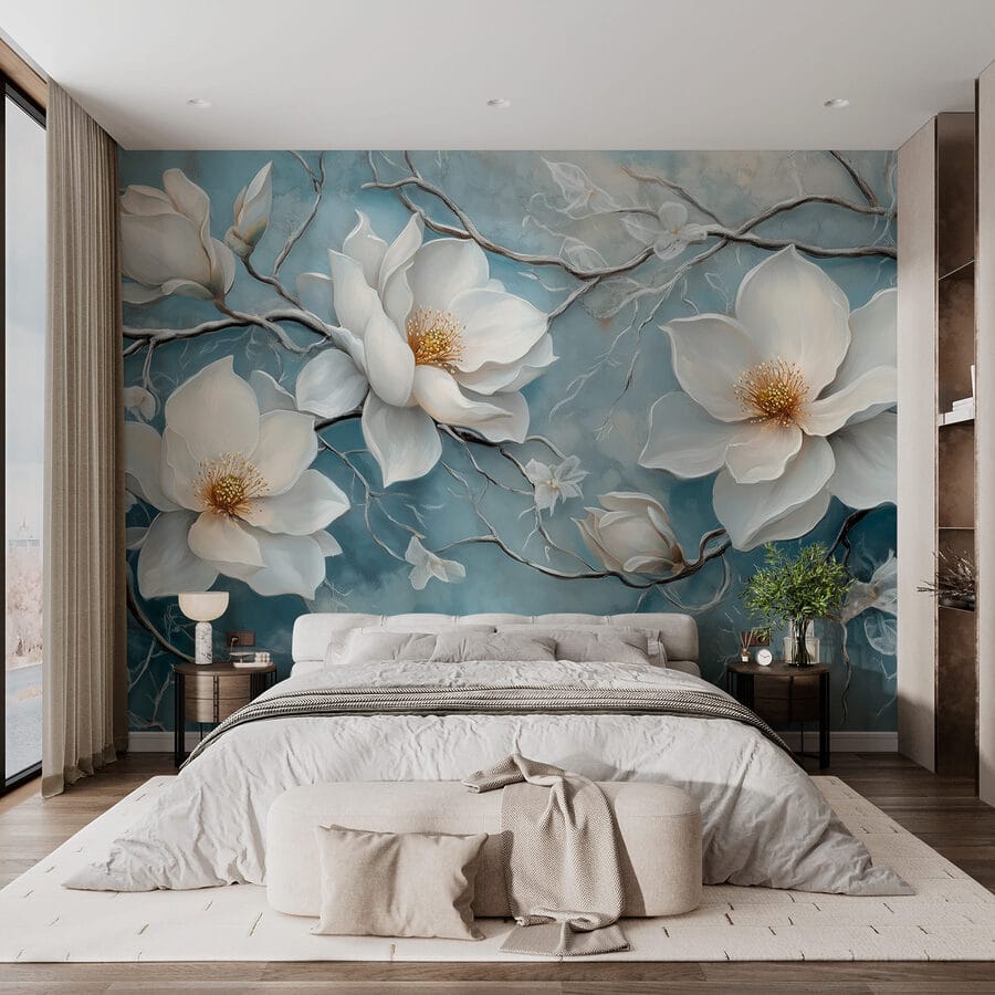 Pittura di fiori bianchi su sfondo blu Pittura di fiori bianchi su sfondo blu