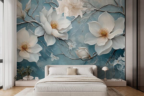 Pittura di fiori bianchi su sfondo blu Pittura di fiori bianchi su sfondo blu