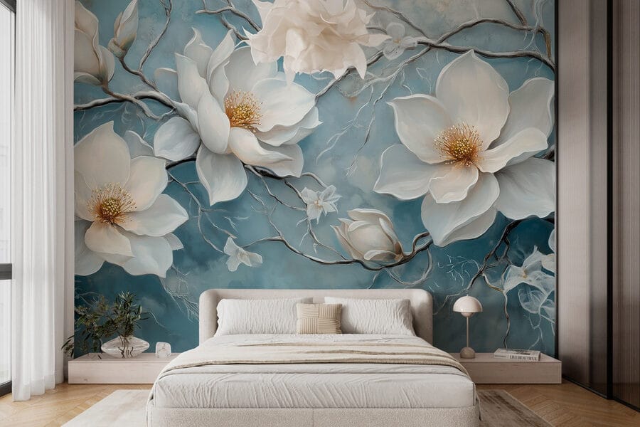 Pittura di fiori bianchi su sfondo blu Pittura di fiori bianchi su sfondo blu