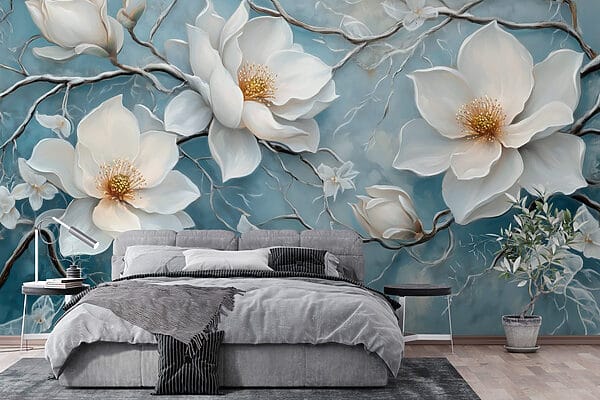 Pittura di fiori bianchi su sfondo blu Pittura di fiori bianchi su sfondo blu