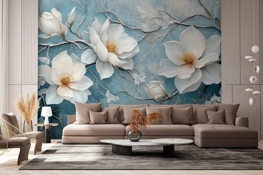 Pittura di fiori bianchi su sfondo blu Pittura di fiori bianchi su sfondo blu