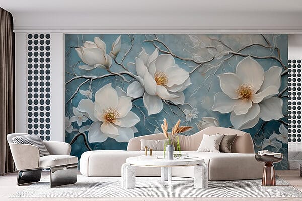 Pittura di fiori bianchi su sfondo blu Pittura di fiori bianchi su sfondo blu